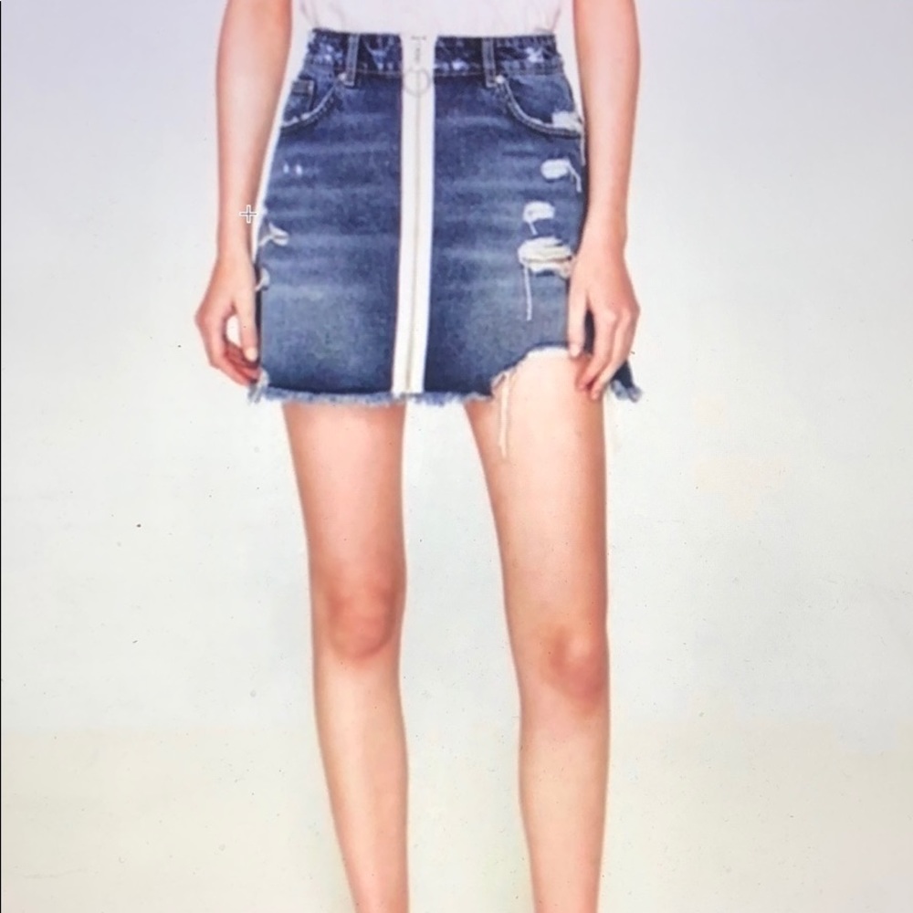 Zara Denim Zip Front Distressed Cutoff Mini Skirt